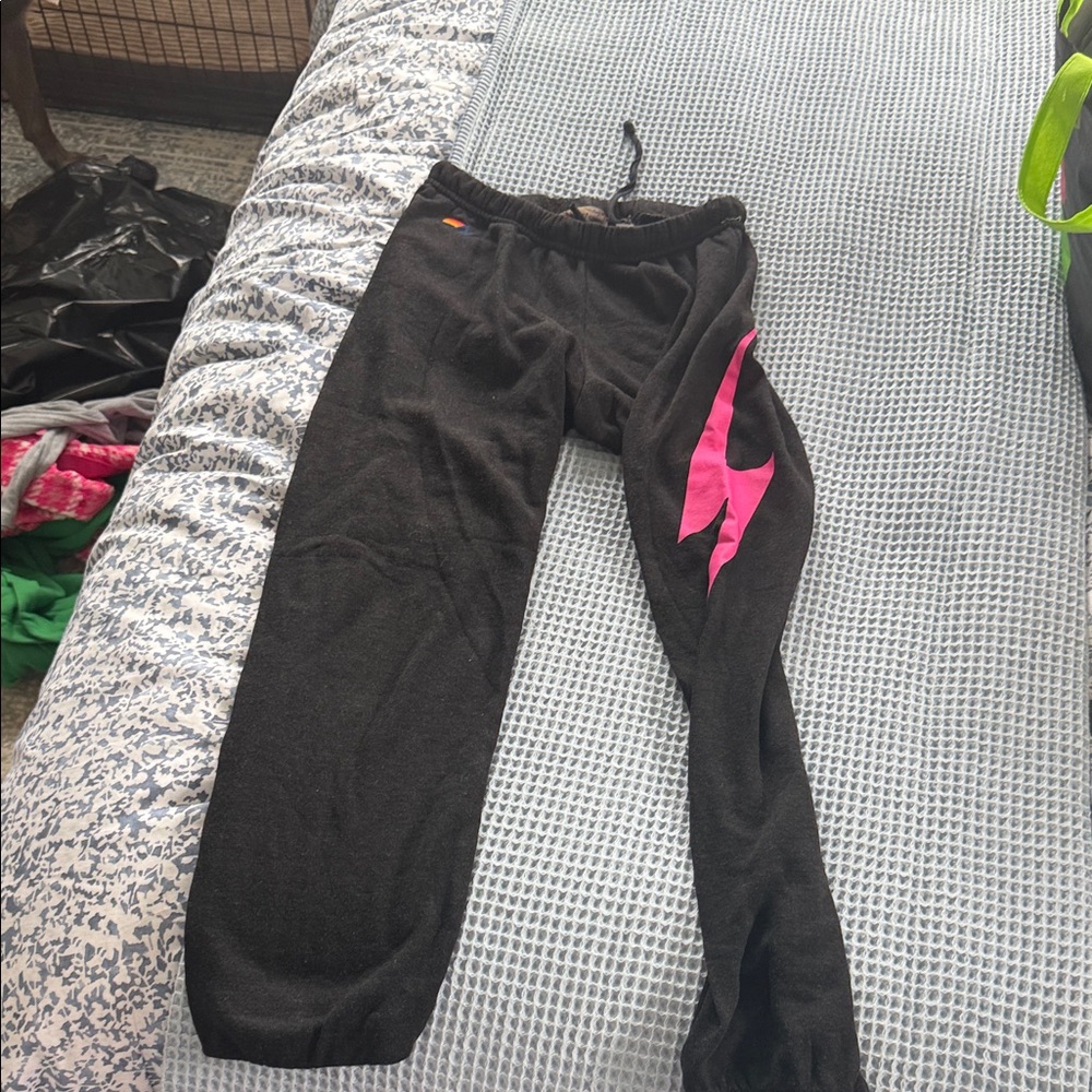 Aviator Nation Black Joggers with Pink Lightning Bolt